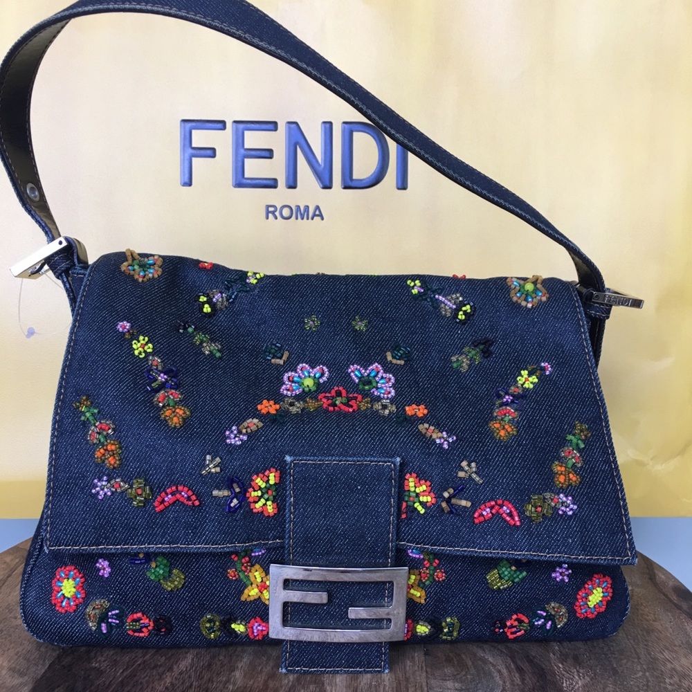 Fendi floral multi color beaded denim bag